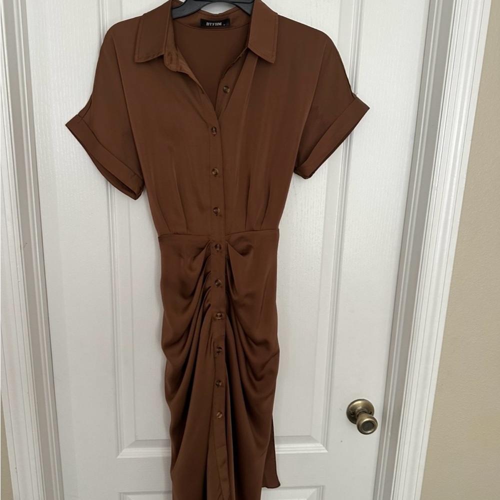 Brown Satin Ruched Midi Shirt Dress with Tie Front